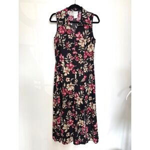 Vintage 90s Bentley Floral Maxi Dress Sleeveless Button Front Black Pink Size 14